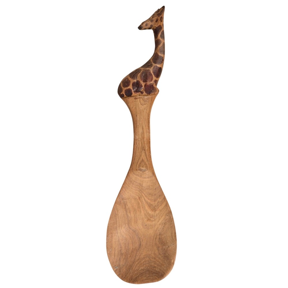 12.5in Hand Carved Wooden Giraffe Serving Spoon Paddle Folk Art Brown